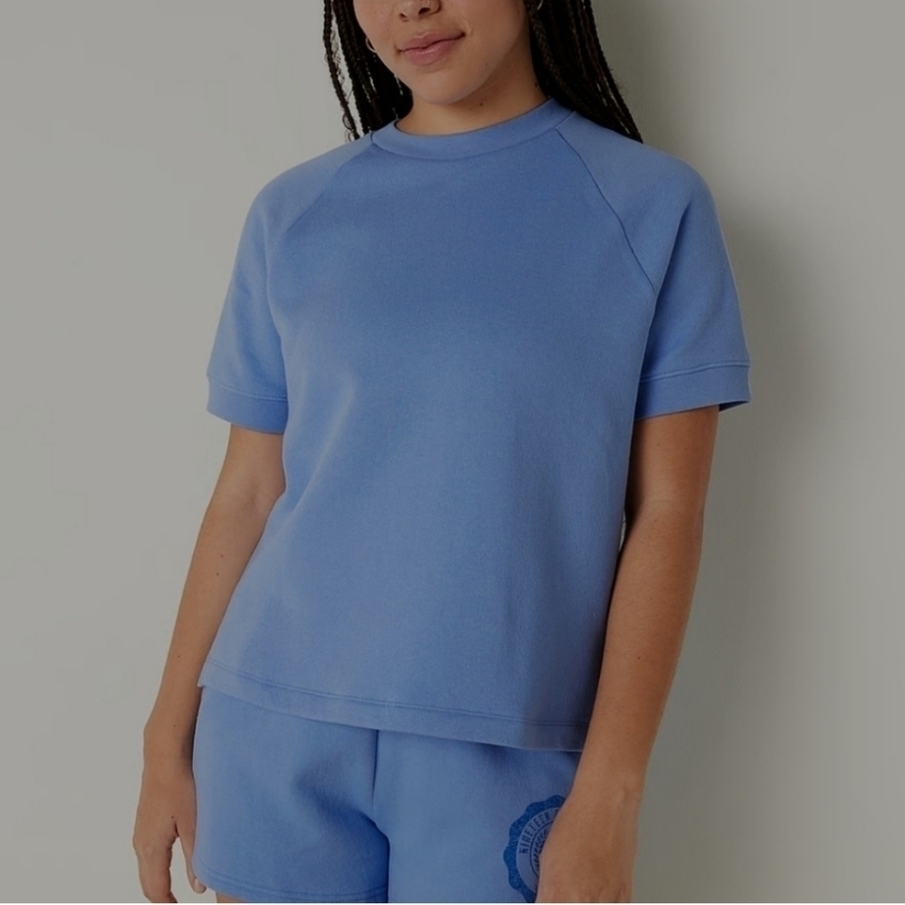Victoria's Secret PINK Blue Short Sleeve Fleece Crew Neck Sweatshirt Top Size XS